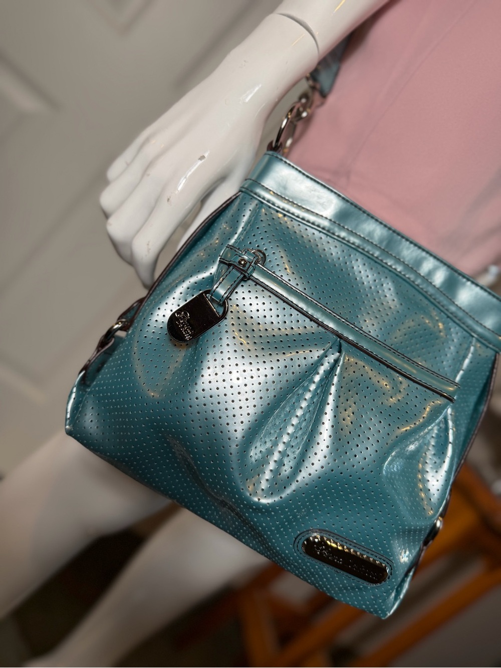 Genna De Rossi~Pearlized Teal~Perforated Faux Leather~Silver Hardware~Crossbody